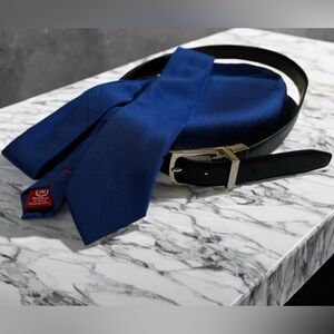 Chaps Blue Tie and Black/Brown Belt Set